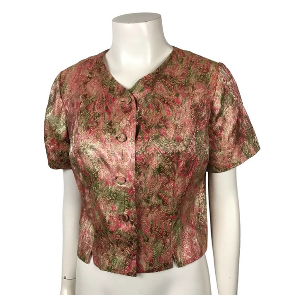 1950s Pink Metallic Paisley Print Button Up Crop Top Blouse / Women's Medium - Picture 2 of 6